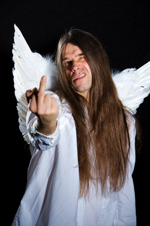 angle is showing middle fingerの写真素材