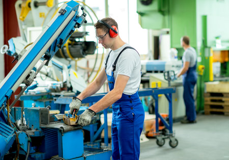 worker in protective clothing in factory using machine