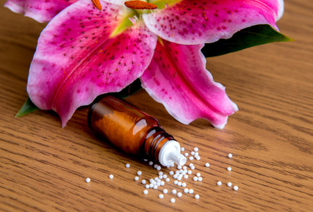 homeopathic globules on wooden ground with lilly blossomの写真素材