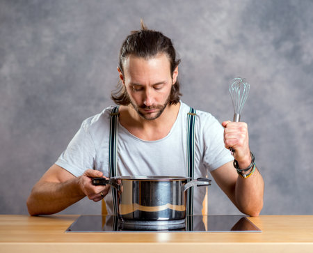young bearded man with cooking pot in front of gray backgroundの写真素材