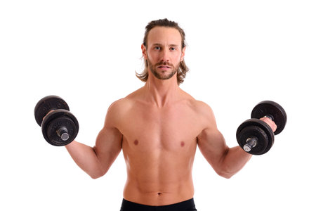 young white man exercised body train with bar-bellの写真素材