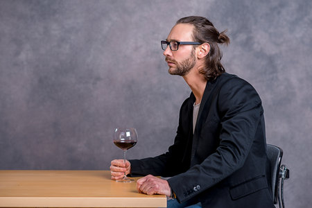 young man sitting at the table and drinking red wineの写真素材