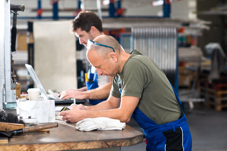 two worker in factory on work bench