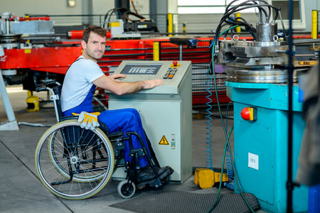 disabled worker in wheelchair in factory on the machineの写真素材