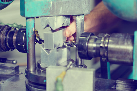 workers hand in factory on the machineの写真素材