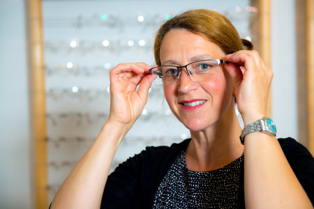 in optician shop- dark haired woman selecting new glasses