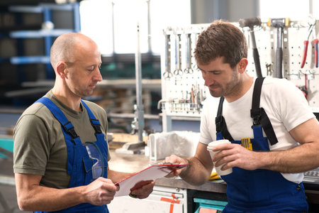two worker in factory on work bench in conversationの写真素材