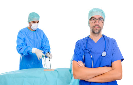 young doctor in front of endoscopy- surgery sceneの写真素材