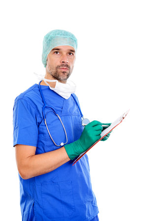 young doctor with clipboard in front of white backgroundの写真素材