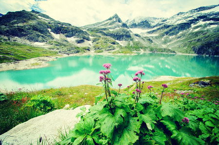 alps landscape  glacial lake in front of mountains and blue skyの写真素材
