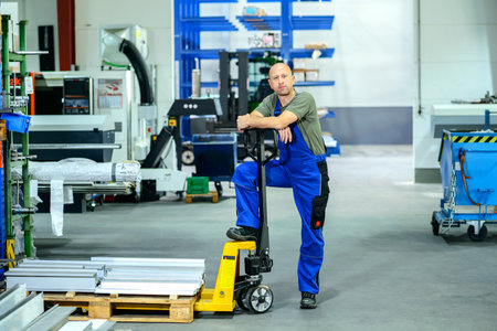 One worker in factory with hand liftの写真素材