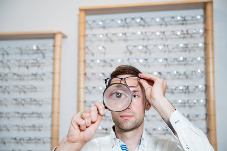 in optician shop- young man with magnifier selecting new reading glassesの写真素材