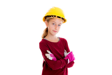 blond girl with helmet and work gloves in front of white backgroundの写真素材
