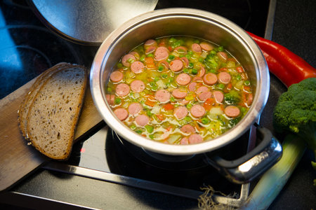 vegetable soup in pot on stove with leek and breadの写真素材