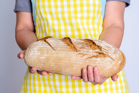 long delicious self made bread in woman`s handsの写真素材