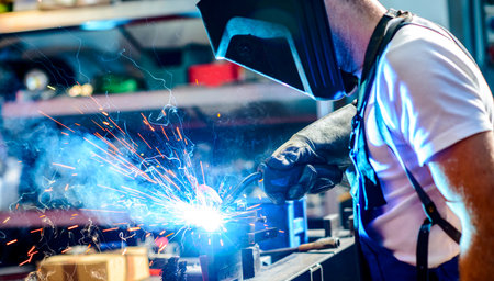 man welding metal in the factoryの写真素材