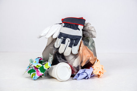 garbage bag with defferent content with and work gloves