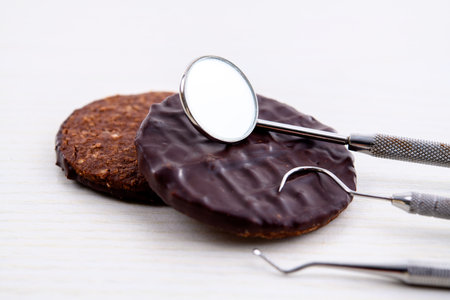 three different dental instruments and chocolate cookie on bright groundの写真素材