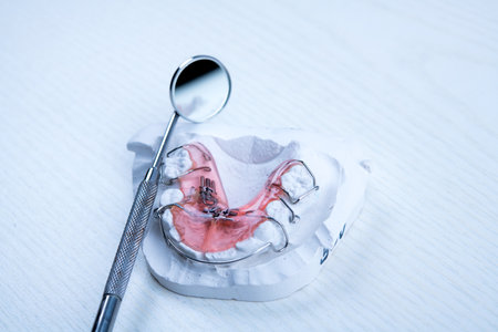 removable  brances , dental mirror and plaster model  on bright groundの写真素材