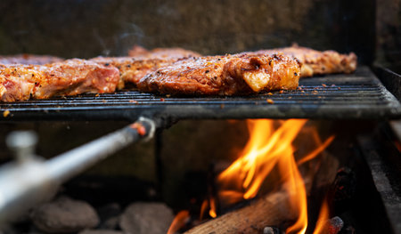 grilled pork with flames on charcoal barbecueの写真素材