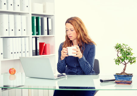 brown-haired  businesswoman working in the officeの写真素材