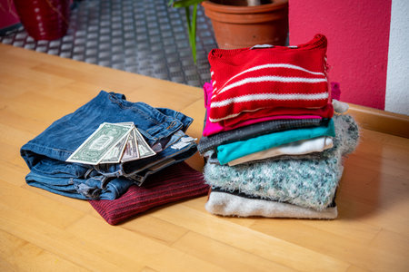 pile of second hand clothing with money on floor in living roomの写真素材