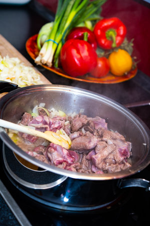 game goulash in pot on stove with stirring spoon, onion and vegetablesの写真素材
