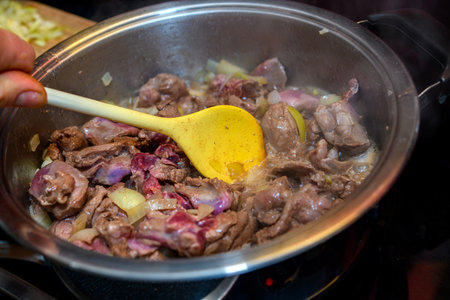 game goulash in pot on stove with stirring spoonの写真素材