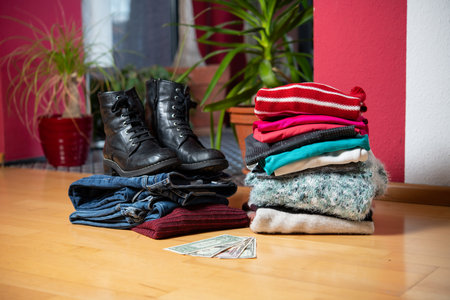 pile of second hand clothing and  shoes with money on floor in living roomの写真素材