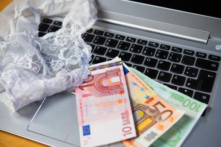 white woman panties with silver laptop- computer and moneyの写真素材