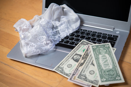 white woman panties with silver laptop- computer and moneyの写真素材