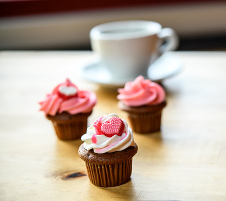 pink and white muffins  with coffee cupの写真素材