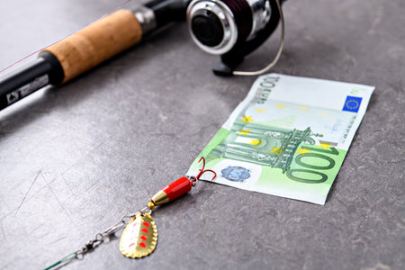 fishing rod and euro  money on gray floor