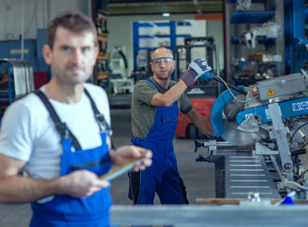 two worker in factory on work benchの写真素材