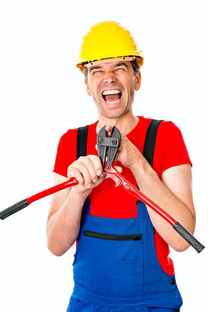 accident at work - worker with bolt-clipper in front of white backgroundの写真素材