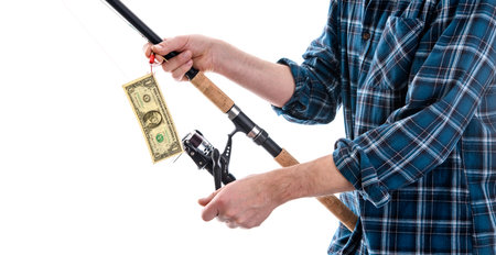 man with fishing rod and money in blue plaid shirt in front of white backgroundの写真素材