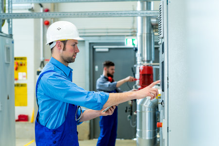 two worker in blue work clothes in industrial plantの写真素材