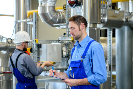 two worker in blue work clothes in industrial plantの写真素材