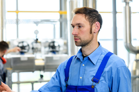 worker in blue work clothes  in industrial plantの写真素材