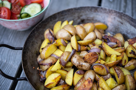 grilled potatos with onionin and salad iron panの写真素材