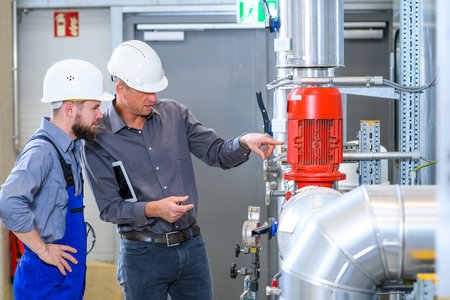 boss with worker in the background in his factoryの写真素材