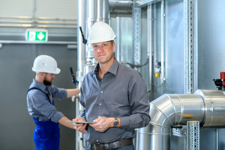 boss with worker in the background in his factoryの写真素材