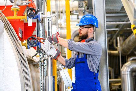 worker in blue work clothes  in industrial plantの写真素材