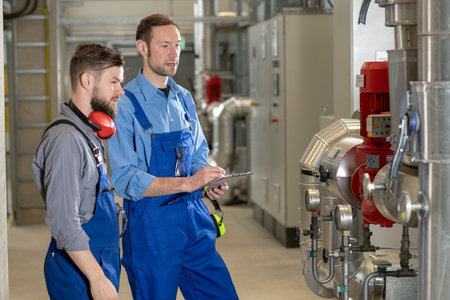 two worker in blue work clothes in industrial plantの写真素材