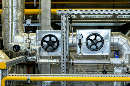 metallic pipes with pressure gauge  in industrial plantの写真素材