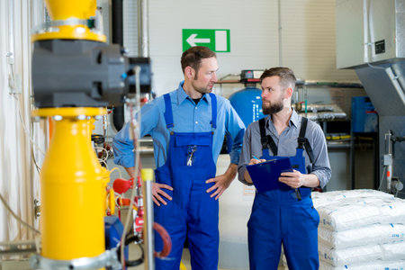 two worker in blue work clothes in industrial plantの写真素材