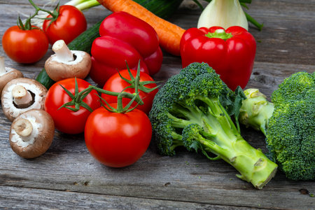 different vegetables on wooden groundの写真素材