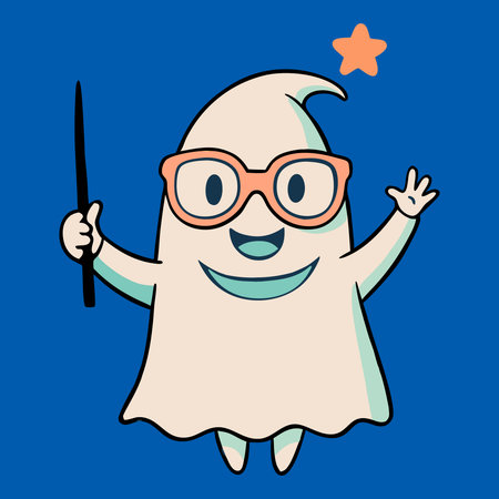 Cute cartoon ghost with a magic wand on a blue background.のイラスト素材