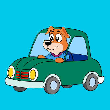 Cartoon dog driving a car. Vector illustration isolated on blue background.のイラスト素材