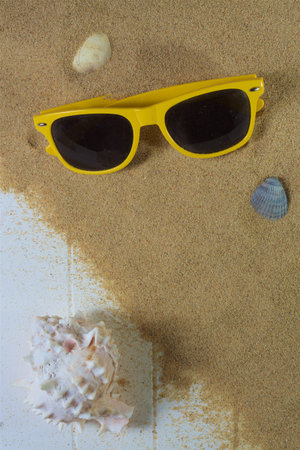 Sunglasses and seashells on beach sand and woodの写真素材